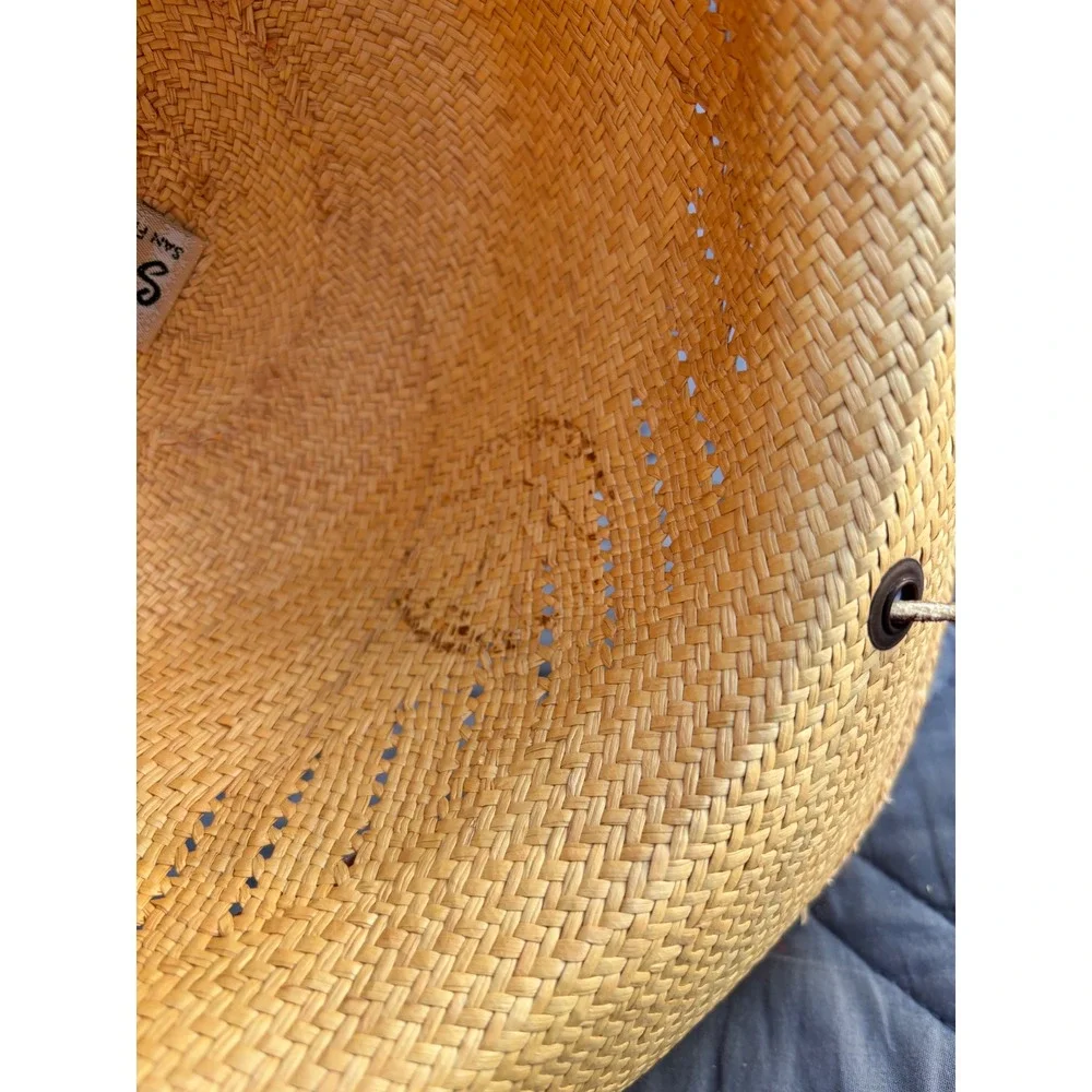 Open Crown Cowboy Hat Vintage SF Green Straw Natural Tan Woven Lightweight